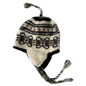 Nepal Wool Trapper HAT Tassels Nordic Knit Pattern Winter Ear Flaps Cream Brown